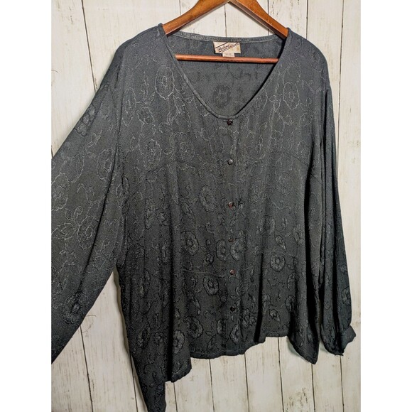 Sterling Tops - Vintage Black Floral Jacquard Button Front Top XL Boho Artsy Grunge Whimsigoth
